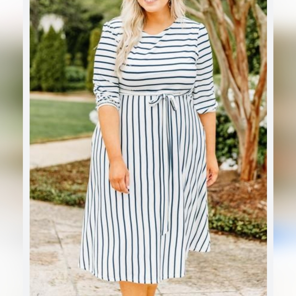 Chic Soul Boutique White Blue Striped Tie Waist Midi Dress Plus Size